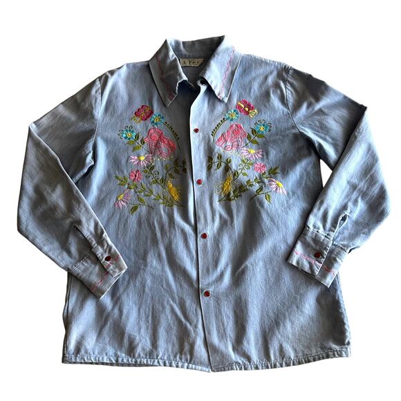 La Fiesta VTG Mexican Mushroom Whimsy Embroidered Snap Front Chambray Shirt S - Picture 1 of 9